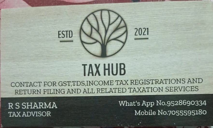 Tax Hub business card with R S Sharma Tax Advisor contact details